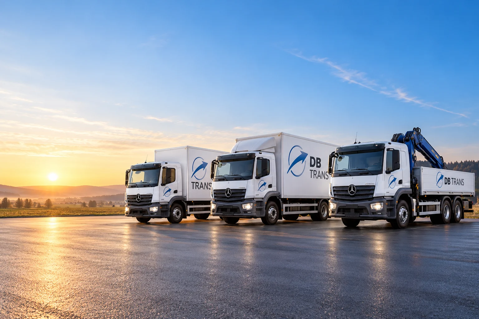 KI-Illustration: Mercedes-LKW mit 7,5 und 12 Tonnen sowie 26-Tonnen-Kranfahrzeug mit DB-Trans-Beschriftung